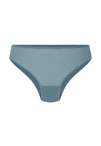 Blauw-grijze damesbikini onderbroek met dunne horizontale witte strepen en een gladde stofafwerking op een witte achtergrond.