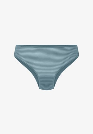 Blauw-grijze damesbikini onderbroek met dunne horizontale witte strepen en een gladde stofafwerking op een witte achtergrond.