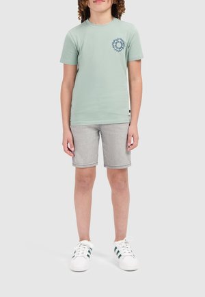 Lichtgroene t-shirt met korte mouwen en een circulaire blauwe graphic op de borst, gecombineerd met grijze denim shorts en witte sneakers met groene accenten.
