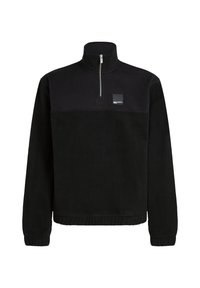 Pullover in pile nero con colletto a mezza zip e polsini a costine. Presenta un corpo interamente nero e un logo sul petto.