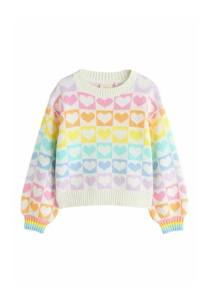 Gestrickter Pullover mit einem Muster aus pastellfarbenen Herzen in Rosa, Gelb und Blau. Gerippter Ausschnitt und Bündchen mit einem mehrfarbigen Farbverlauf.