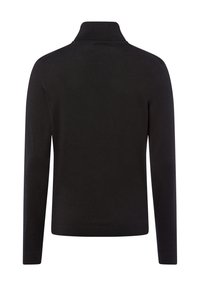 Zwarte gebreide trui met een hoge kraag, lange mouwen, geribde manchetten en zoom. Soepele textuur, slim fit ontwerp, geen zichtbare patronen of versieringen.