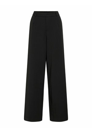 Pantalons noirs à jambes larges en tissu lisse. Dotés d'une taille ajustée, de plis à l'avant et sans poches visibles.