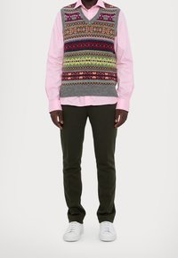 Man med en färgglad mönstrad stickad väst över en rosa rutad skjorta, mörkgröna byxor och vita sneakers mot en neutral bakgrund.