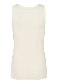 Ribbad tyg tanktop i off-white, med rund halsringning och åtsittande siluett. Slät textur och minimalistisk design.