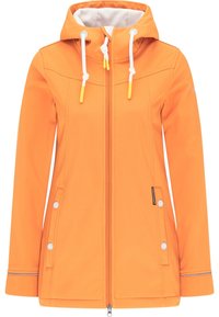 Oranžová softshell bunda se zipovým uzávěrem, bílou fleecovou podšívkou, dvěma postranními kapsami se zmáčknutím a nastavitelnou kapucí s bílými šňůrkami.