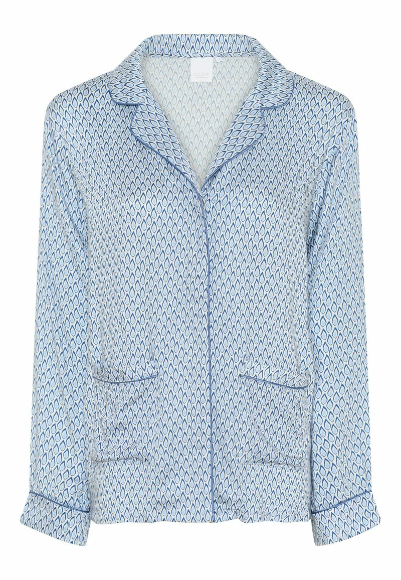 Sininen ja valkoinen kuviollinen pyjamapaita, jossa on kaulus, kaksi etutaskua ja käärityt hihat; valmistettu kevyestä, sileästä kankaasta.