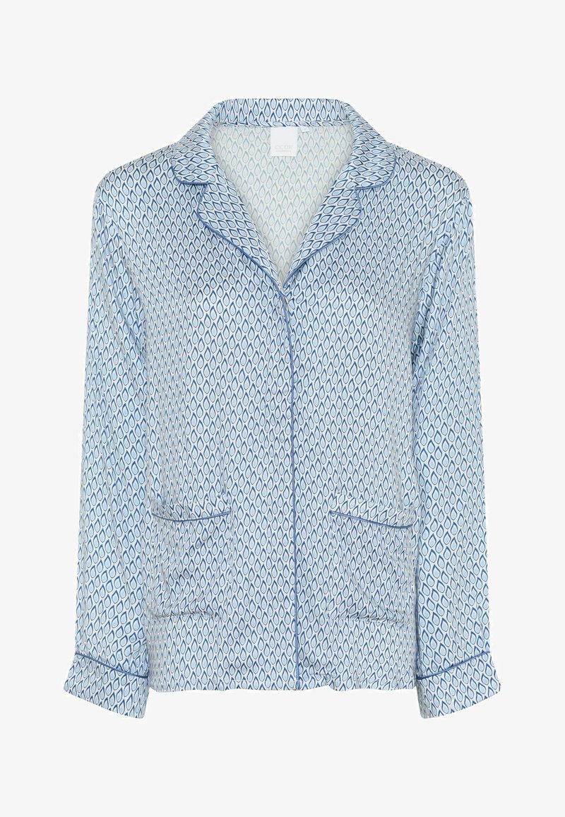 Blue and white patterned pajama top with a collar, two front pockets, and rolled-up sleeves; made from lightweight, smooth fabric.