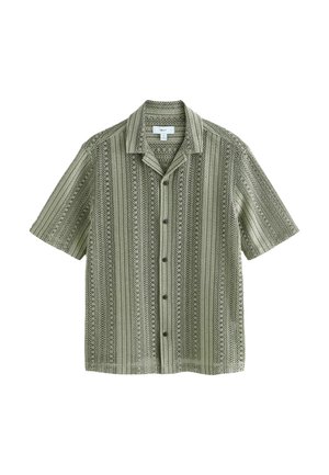 Light green short-sleeve knit shirt with button front and textured vertical striped pattern, displayed on a white background.