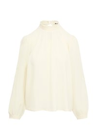 Blouse de couleur crème avec un col haut froncé, des manches bouffantes et des poignets élastiques. Le tissu semble léger et texturé.