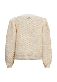 Cremfarbener gestrickter Pullover mit einer strukturierten, geschlungenen Oberfläche. Verfügt über einen runden Halsausschnitt sowie gerippte Bündchen und Saum.