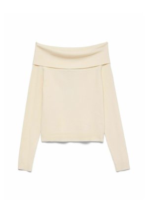 Pull en tricot côtelé de couleur crème avec manches longues et large encolure bardot repliée, posé à plat sur un fond blanc.