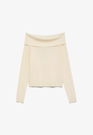 Kreemika värvi soonikkoes kampsun, millel on pikad varrukad ja lai ülesse voltiv õlgadest paljas kaelus, laotatud valgele taustale.