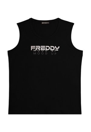 Canotta nera senza maniche con scollo rotondo e testo bianco "FREDDY MOOD UP" sulla parte anteriore del petto.