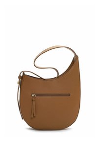 Ruskea nahkainen olkalaukku, jossa on kaareva muoto, säädettävä hihna ja vetoketjullinen etutasku, jossa on tupsukoriste.