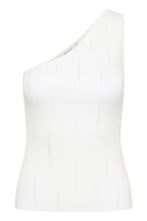 Hvid asymmetrisk ærmeløs top med subtile lodrette perforerede linjemønstre, tætsiddende pasform og et lille mærke inde i halsudskæringen.