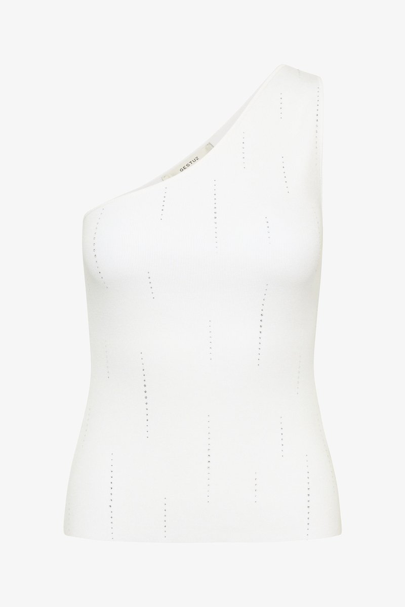 Λευκό τοπ με έναν ώμο χωρίς μανίκια, με διακριτικά κάθετα διάτρητα μοτίβα γραμμών, εφαρμοστή γραμμή και μικρό ετικέτα μάρκας στην εσωτερική πλευρά του ντεκολτέ.