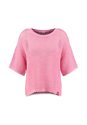 Pink short-sleeve knit sweater with a waffle texture, round neckline, scalloped edges, and a small red tag at the bottom hem.