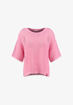 Roze, kortemouwen, gebreide trui met een wafeltjesstructuur, ronde hals, gegolfde randen en een klein rood labeltje onderaan de zoom.