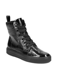 Mustat patenttinaudukengät, joissa on teksturoitu pinta, mustat nauhat, vetoketju ja kumipohja.