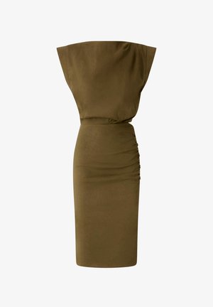 Abito verde oliva, scollato sulle spalle, con dettagli arricciati sul lato, silhouette aderente e tessuto liscio e testurizzato. Design di lunghezza al ginocchio.