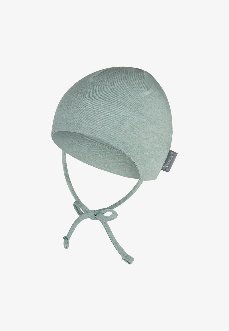 Baumwollmütze für Babys in Hellgrün mit abgerundetem Kopf, Bindebändern zum Sichern und kleinem Etikett an der Seite. Weicher, elastischer Stoff, nahtloses Design.