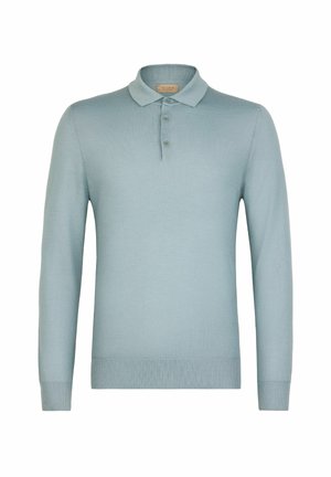 Lyseblå langærmet strikket polo med tre knapper og ribbede manchetter og kant, vist på en hvid baggrund.