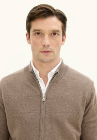 Maglione marrone con zip, realizzato in materiale morbido, con colletto a coste, indossato sopra una camicia bianca. Design pulito e vestibilità aderente.