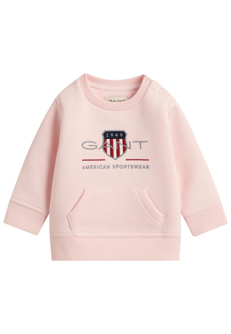 Rosa Sweatshirt mit langen Ärmeln, gerippten Bündchen und Halsabschluss. Mit Vordertasche und gesticktem Logo mit Schild-Design.