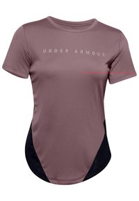 Kortärmad sporttopp i mauve och svart. Slät tyg, rundad nederkant, har "UNDER ARMOUR"-logotyp i vitt och röda accenter på axeln.