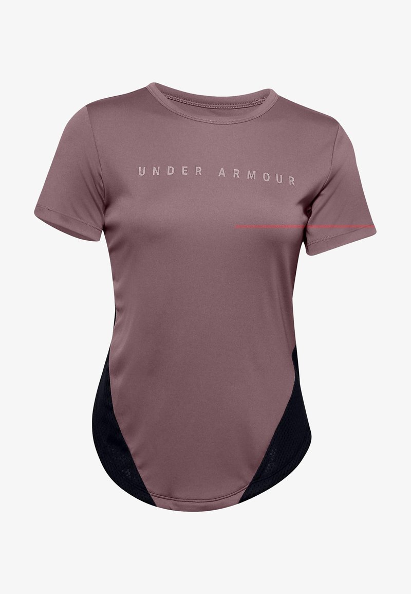 Kortärmad sporttopp i mauve och svart. Slät tyg, rundad nederkant, har "UNDER ARMOUR"-logotyp i vitt och röda accenter på axeln.