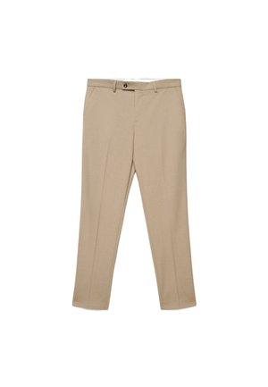 Beige straight-leg trousers with belt loops, side pockets, and a button closure at the waist on a white background.
