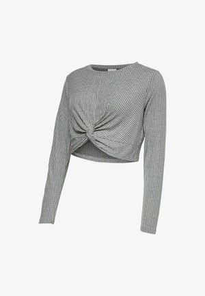 Grijs cropped top met lange mouwen, zwarte verticale strepen en een gedraaide knoop aan de voorkant, voorzien van een ronde halslijn.