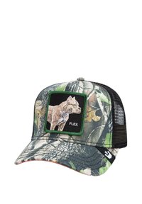 Tarnkappen-Baseballmütze mit schwarzem Netzrücken, versehen mit einem grünen, gestickten Patch eines Hundes und dem Wort "FLEX" auf einer strukturierten Oberfläche.
