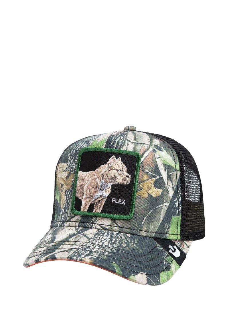 Tarnkappen-Baseballmütze mit schwarzem Netzrücken, versehen mit einem grünen, gestickten Patch eines Hundes und dem Wort "FLEX" auf einer strukturierten Oberfläche.