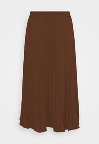 Falda plisada marrón con un ajuste relajado, hecha de una tela suave. Presenta una cinturilla alta y una sutil textura en toda la prenda.