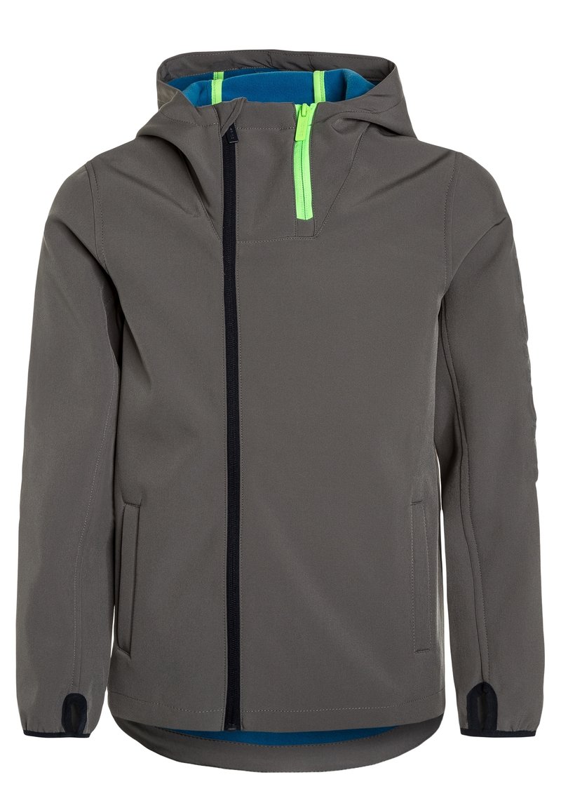 Szara kurtka softshell z niebieskim wnętrzem, z przodem na zamek błyskawiczny, kapturem i zielonymi akcentami na zamku. Posiada boczne kieszenie.