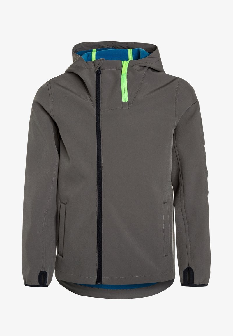 Grijze softshell jas met een blauwe binnenkant, met een ritssluiting aan de voorkant, capuchon en groene ritsaccenten. Inclusief zijzakken.