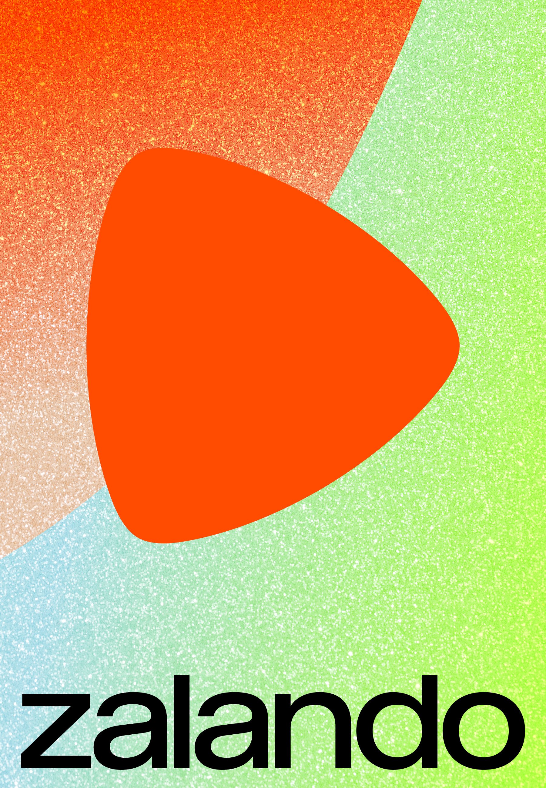 Gráfico colorido con una forma triangular naranja sobre un fondo texturizado de degradados en rojo, verde y azul. "Zalando" en negrita negra debajo.