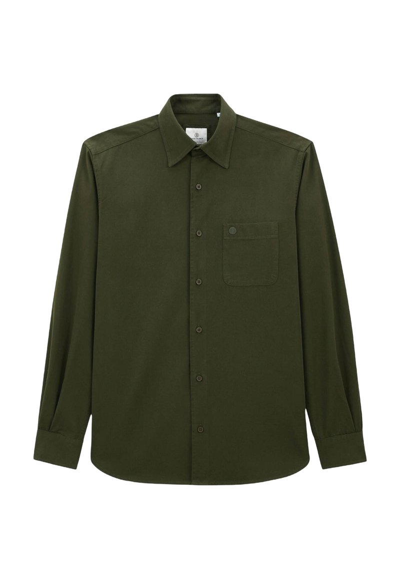 Chemise à manches longues vert olive en tissu, avec un col boutonné, une poche devant et une fermeture à boutons sur le devant.