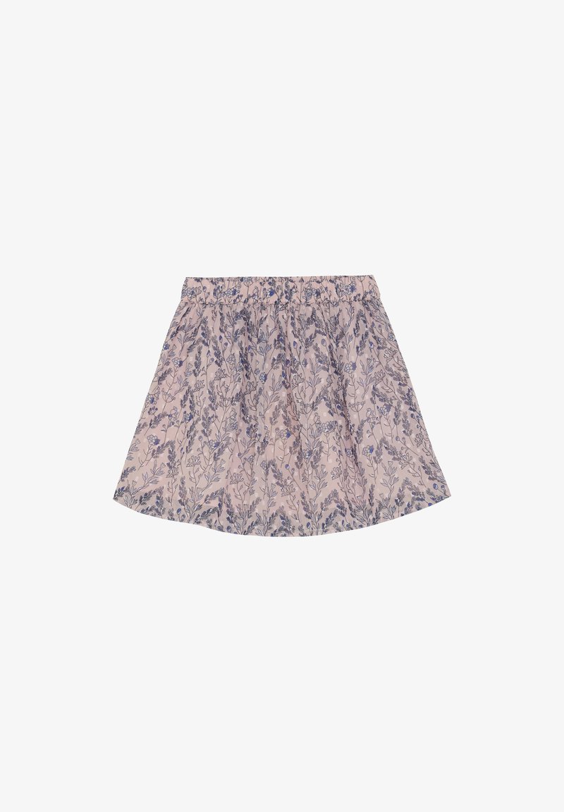 Blommig mönstrad kjol i mjuk rosa med blå botaniska mönster, elastisk midja och samlad textur, knä-lång design.