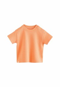 Korte mouwen, oranje kinder-T-shirt van textuurstof. Kenmerkt een ronde halslijn en twee drukknoopjes op de schouder voor het gemakkelijk aan- en uittrekken.