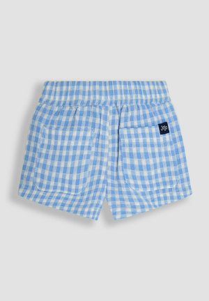 Pantaloni corti a quadri blu e bianchi con una cintura elastica, due tasche posteriori e un piccolo etichetta del marchio sulla tasca destra.