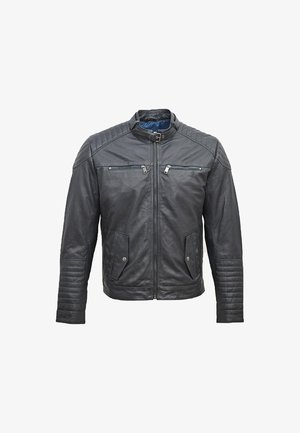 Černá kožená motocyklová bunda s vystuženým límcem, zipem vpředu, dvěma náprsními kapsami a žebrovanými detaily na ramenou a rukávech.