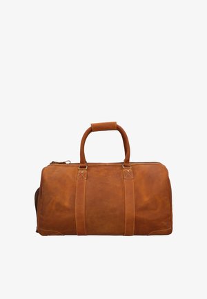 Ruda odinė kelioninė rankinė su dviem tvirtais rankenomis, užtrauktukais ir matomais siūlių akcentais. Lygios tekstūros, apvalios formos.