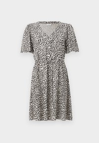 Μπεζ φόρεμα κοντομάνικο με μαύρους ακανόνιστους κόκκους, V-κούμπωμα, κουμπιά μπροστά και ζωνάκι στη μέση.