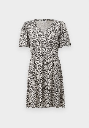 Μπεζ φόρεμα κοντομάνικο με μαύρους ακανόνιστους κόκκους, V-κούμπωμα, κουμπιά μπροστά και ζωνάκι στη μέση.