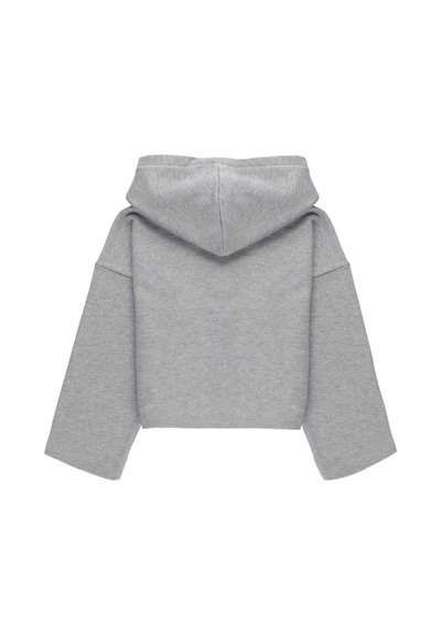 Hoodie corto grigio heather con maniche lunghe e larghe mostrato da dietro su uno sfondo bianco.