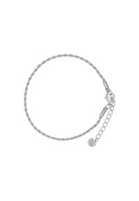 Bracciale in argento con catena attorcigliata, dotato di chiusura a gancio e catena di estensione con un piccolo ciondolo rotondo. Texture liscia, design minimale.