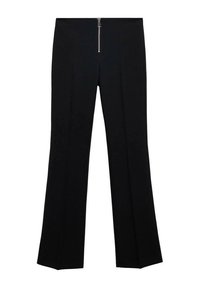 Pantalons noirs ajustés avec une fermeture éclair à l'avant, forme à jambes larges et texture lisse. Comprend deux plis à l'avant pour une touche supplémentaire.